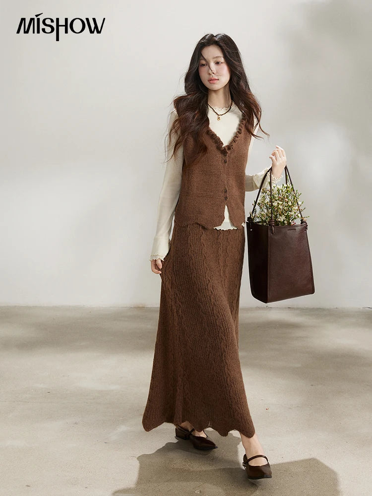 Mishow Brown Knitted Vest & Cable Knit Maxi Skirt Set MXF11T1460