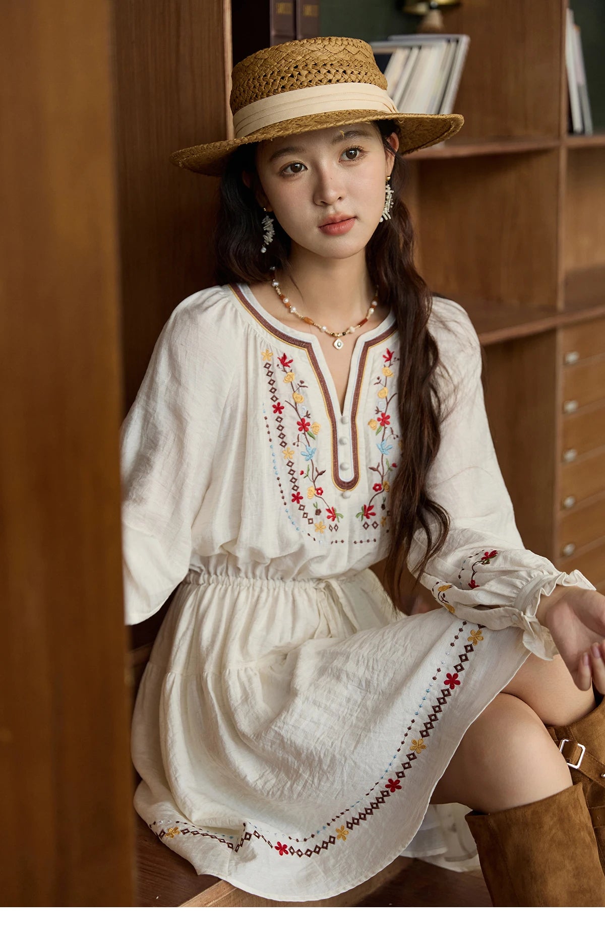Mishow V-Neck Embroidered Drawstring Bohemian Dress MXE44L2489