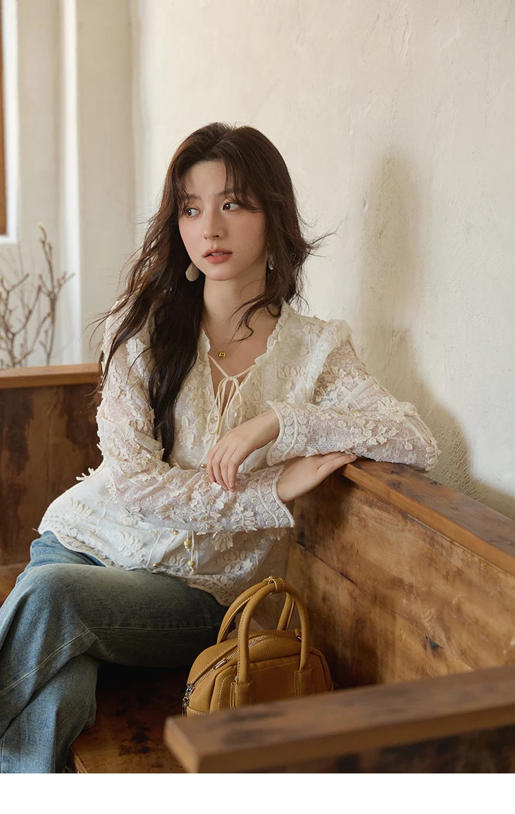 MISHOW Lace Jacquard Embroidered Shirt Black Fungus Edge MXE41X1927