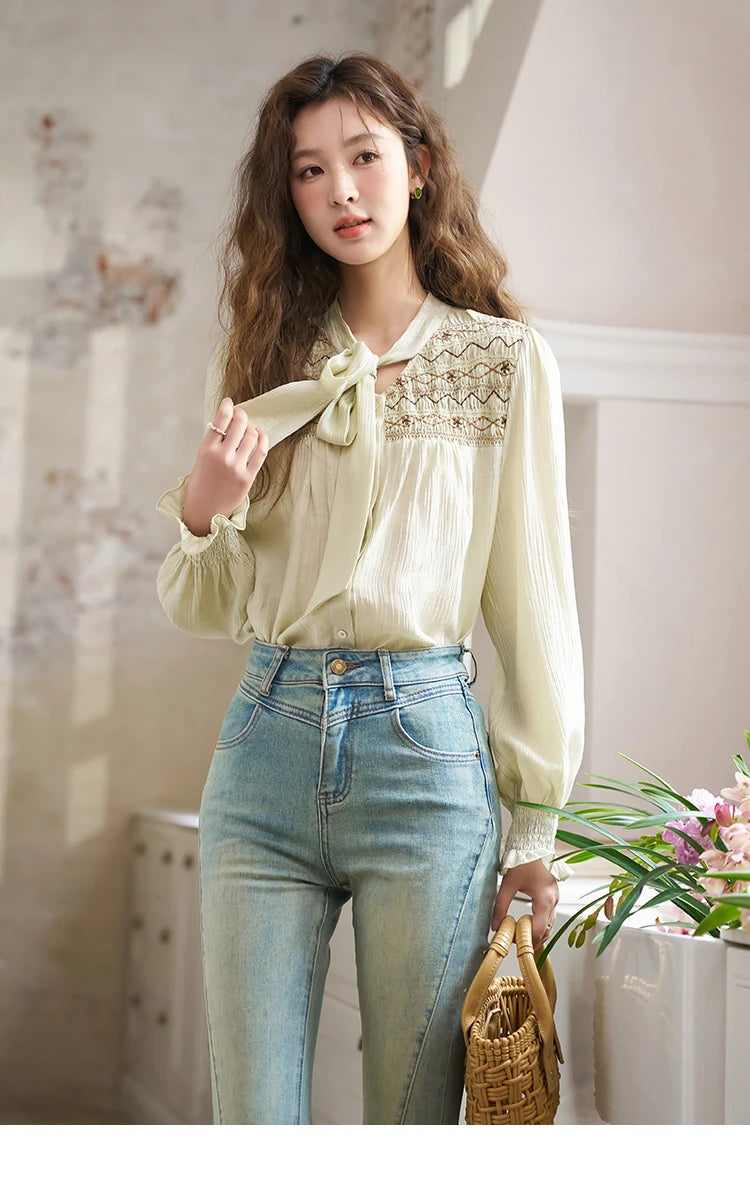 MISHOW Ribbon Collar Shirt Sweet Cuffs Pleated Embroidered Petal Sleeve MXD14C0226