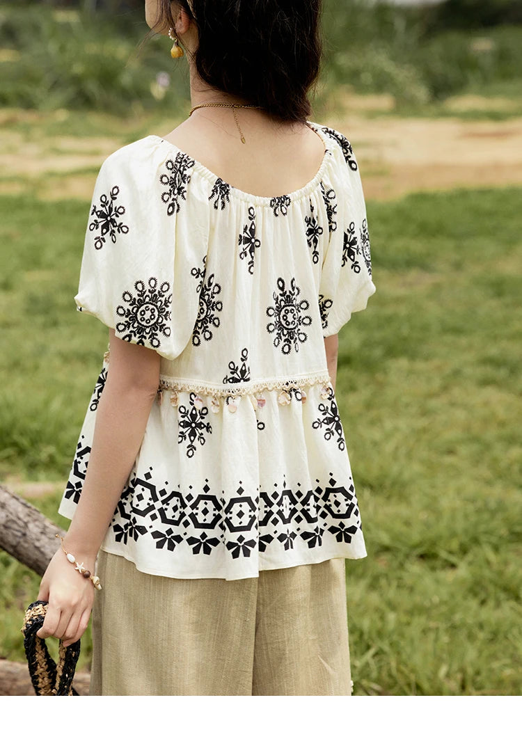 MISHOW Bohemian Print Blouse Short Puff Sleeve Square Collar Shell Ribbon MXE35X1817