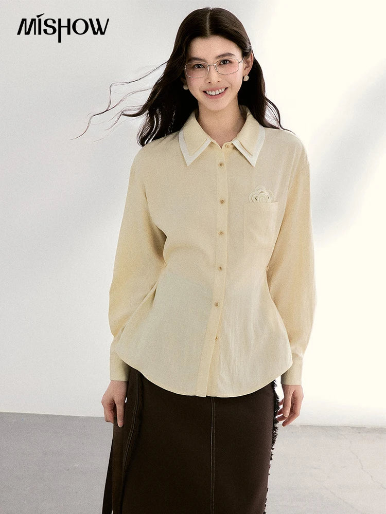 MISHOW Contrast Trim Lapel Shirt Floral Embroidery Pocket MXF13C2440