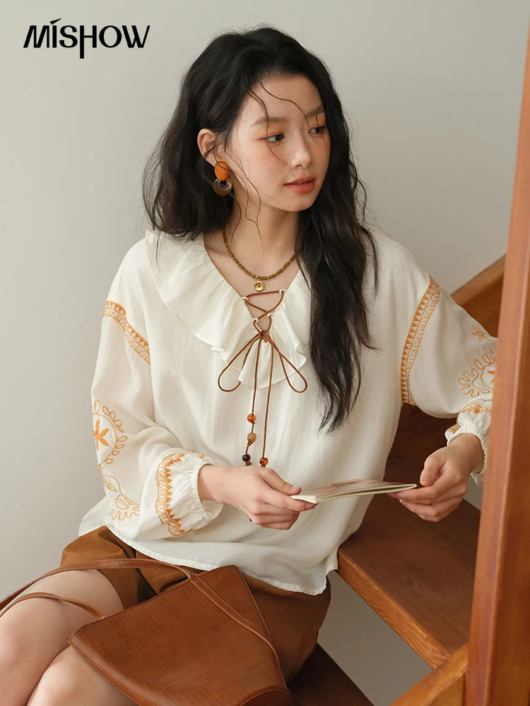 MISHOW Embroidered Blouse Ruffle V-Neck Lace Up MXE43X1987