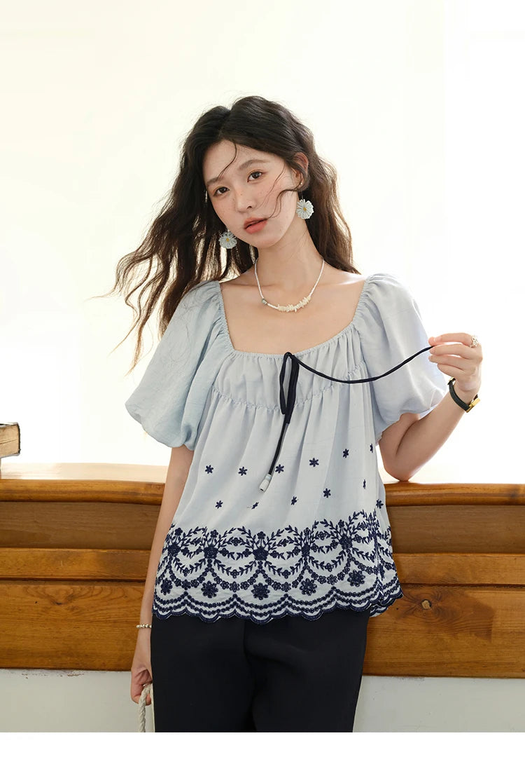 MISHOW Blue Print Blouse Square Neck Lace Up Puff Sleeve MXE36X1799