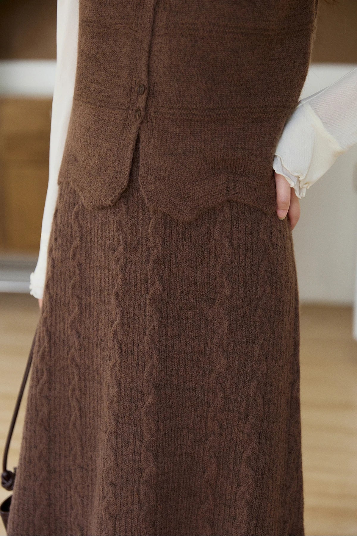 Mishow Brown Knitted Vest & Cable Knit Maxi Skirt Set MXF11T1460