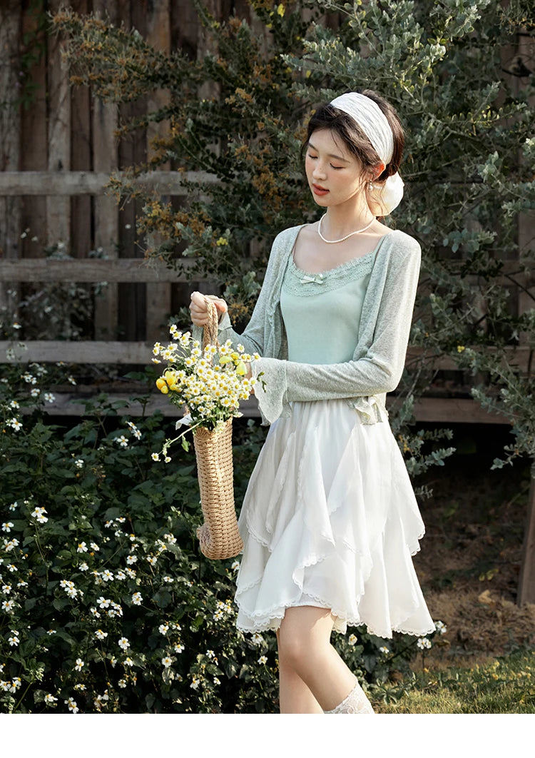 Mishow Light Green Lace Bow Camisole & Cardigan Set MXE15T0504