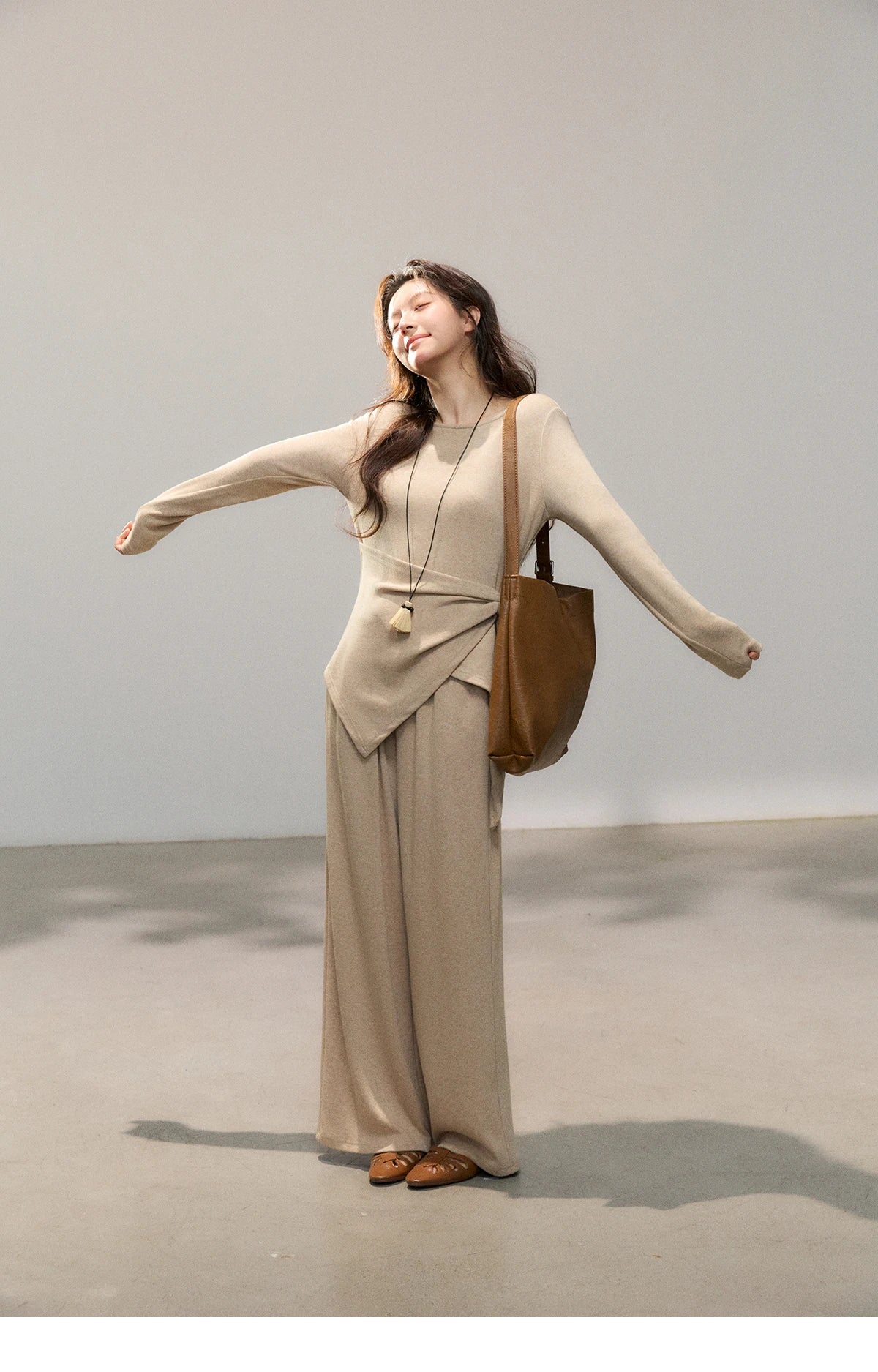 Mishow Khaki Asymmetrical Hem Top & Wide Leg Pants Set MXF11T1465