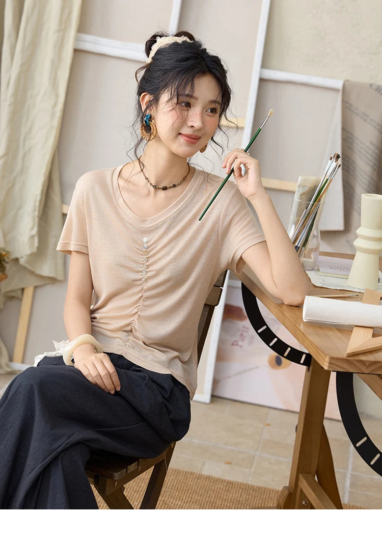 Mishow V-Neck Front Elastic Shell Button Tee MXE34T0560