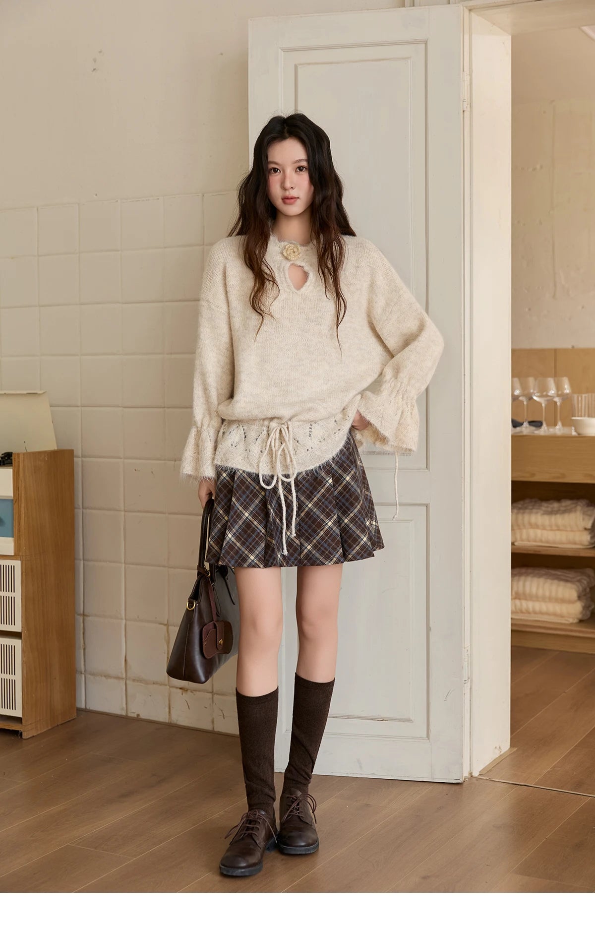 Mishow Apricot Drawstring 3D Flower Hollow Sweater MXE88Z2709