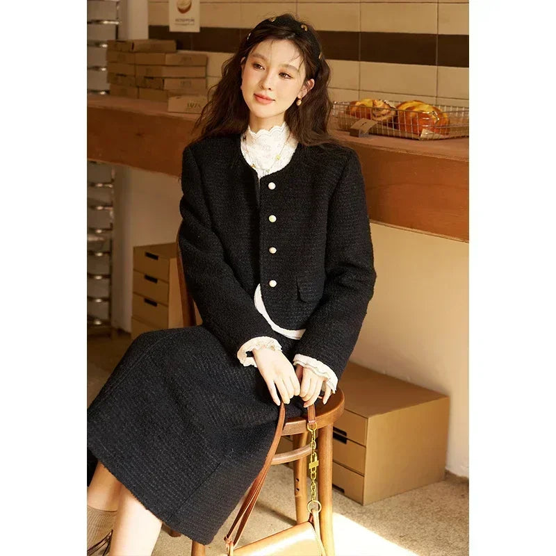 Mishow Wool Blend Short Coat & Rear Split A-Line Skirt Set MXC56W0162