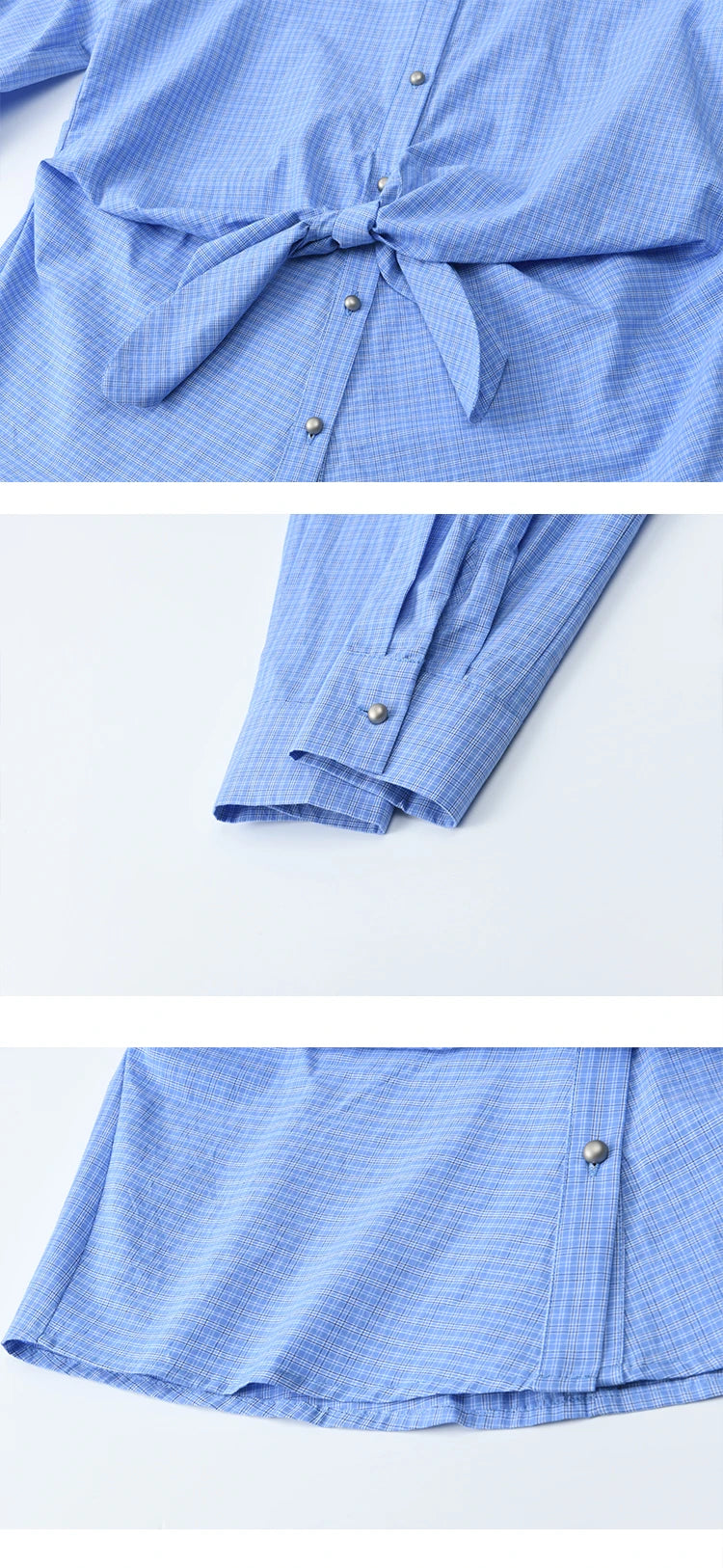 MISHOW Blue Plaid Cotton Shirt Bow Tie Waist Dropped Sleeve MXE44C2395