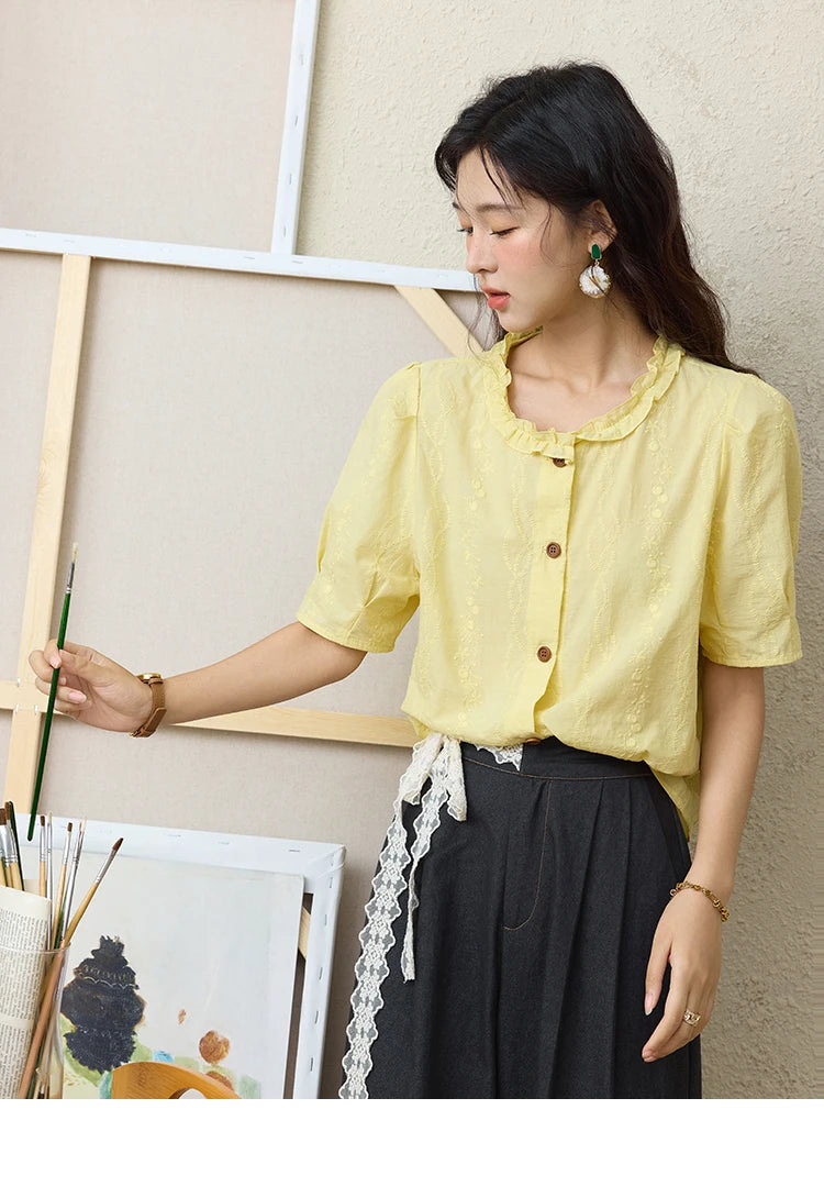 MISHOW 100% Cotton Puff Sleeve Shirt Round Neck Button MXE36X1873
