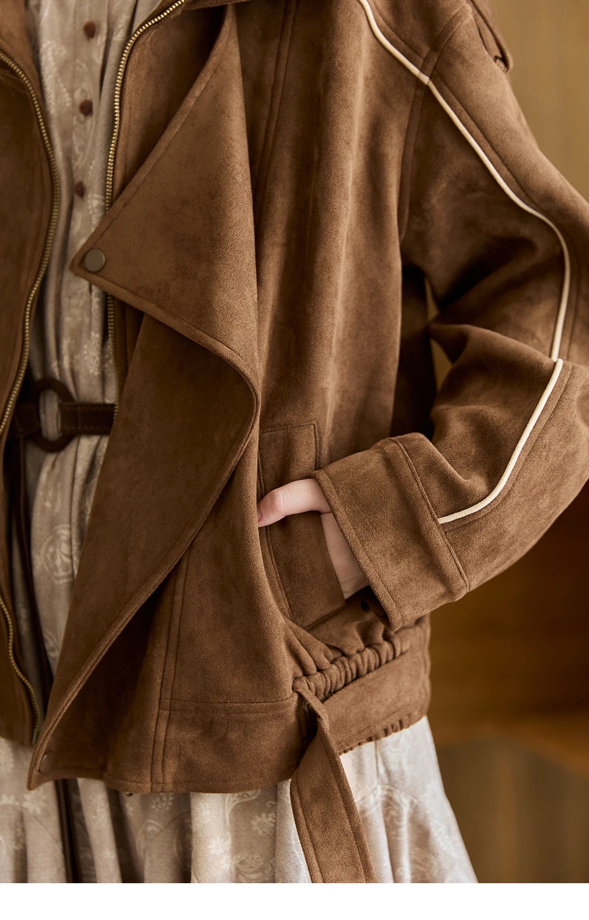 MISHOW Brown Suede Short Jacket Split Turn Down Collar MXE48W0850