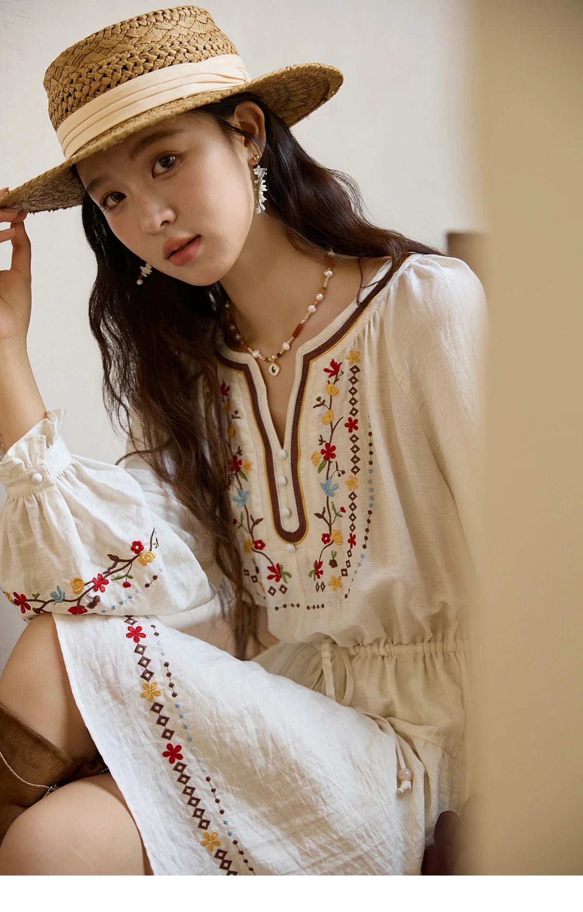 Mishow V-Neck Embroidered Drawstring Bohemian Dress MXE44L2489