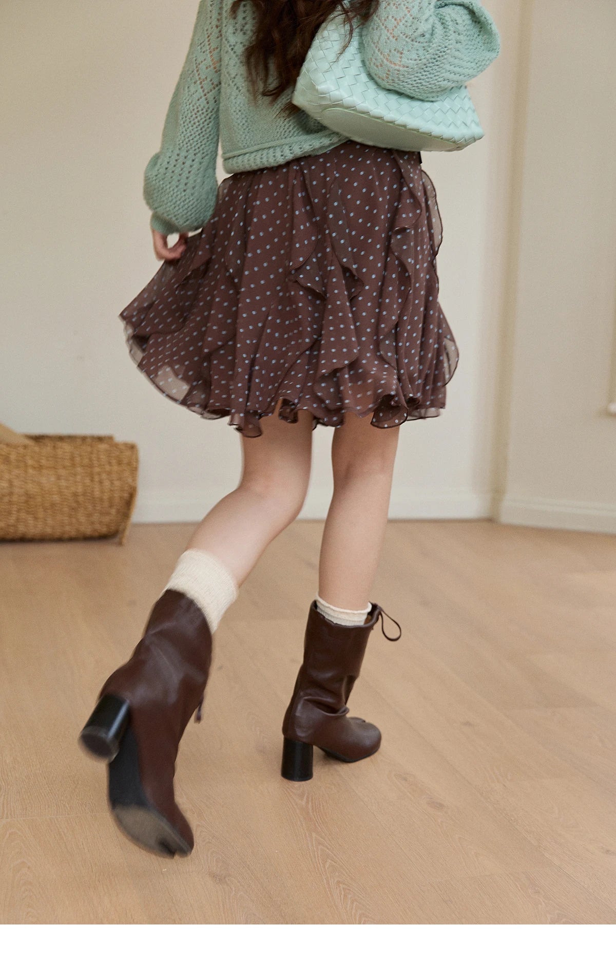 Mishow Brown Polka Dot Ruffled Chiffon Mini Skirt MXF13B2476