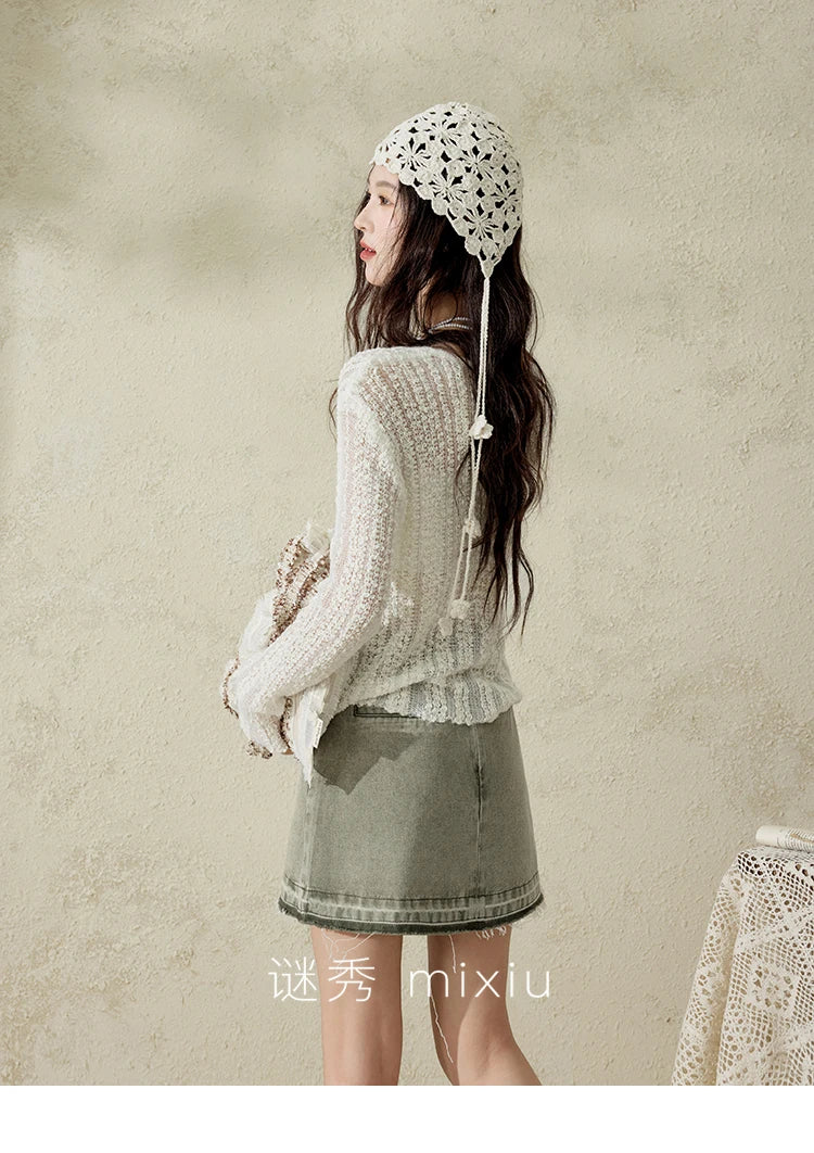 Mishow Apricot White Hollow Mohair Drop Sleeve Top MXE12Z1120