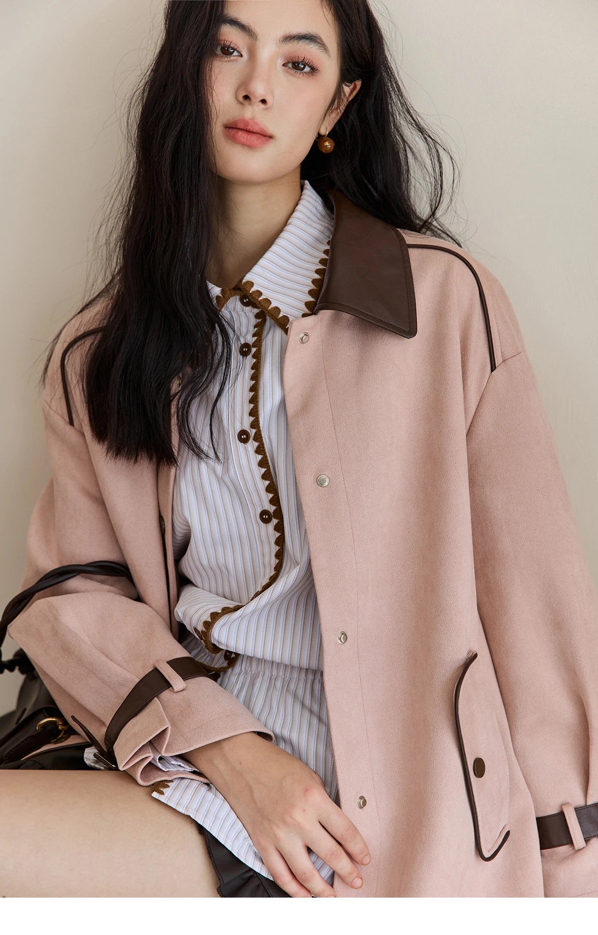 MISHOW Pink Mid-Length Jacket Turn-Down Collar Button Spliced MXE45W0845