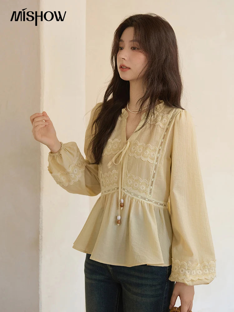 MISHOW French V-Neck Blouse Lace Patchwork Lantern Sleeve MXE41X1925