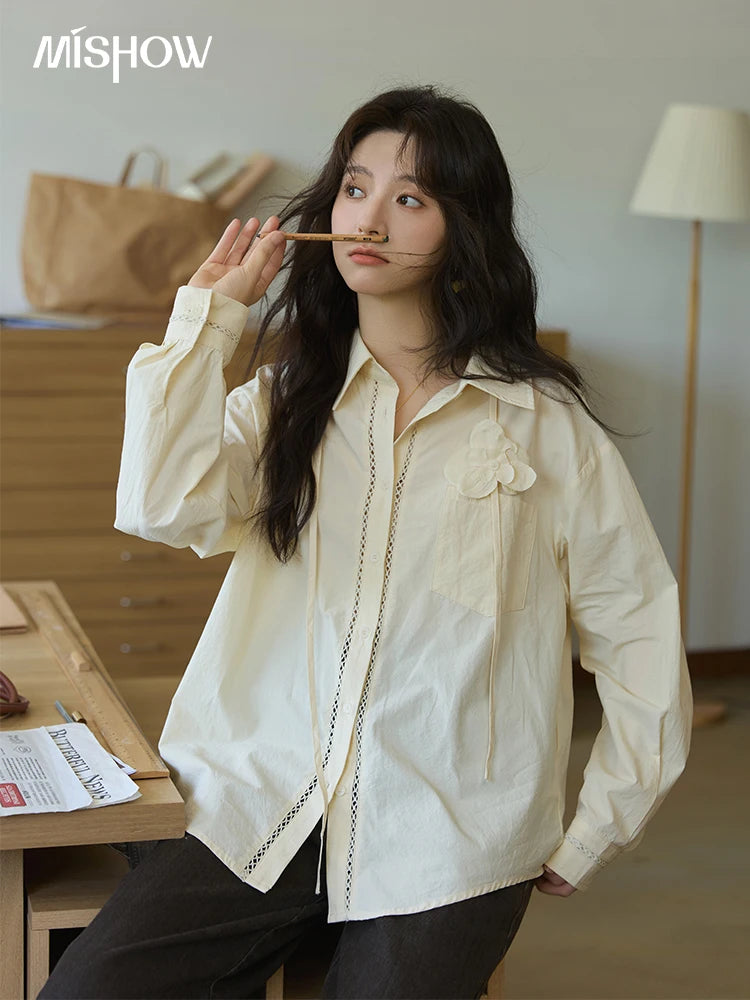 MISHOW Cotton Shirt Petal Ribbon Button Long Sleeve MXE41C2349