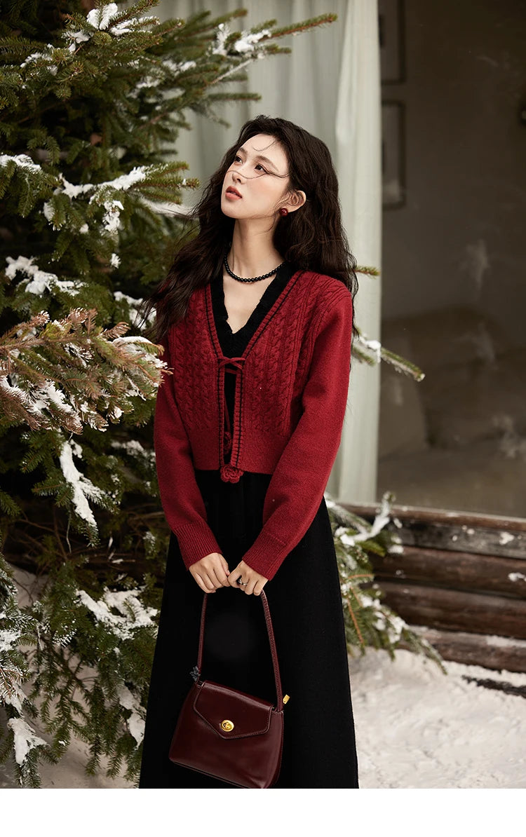 Mishow Red Knitted Cardigan & V-Neck Midi Dress Set MXD58L2085