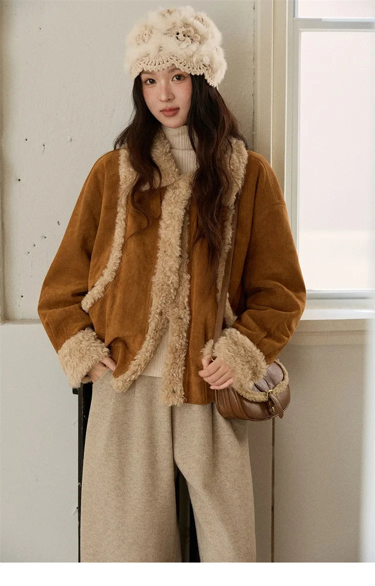 MISHOW Retro Brown Suede Jacket Patchwork Fur Turn Down Collar MXE89W0895