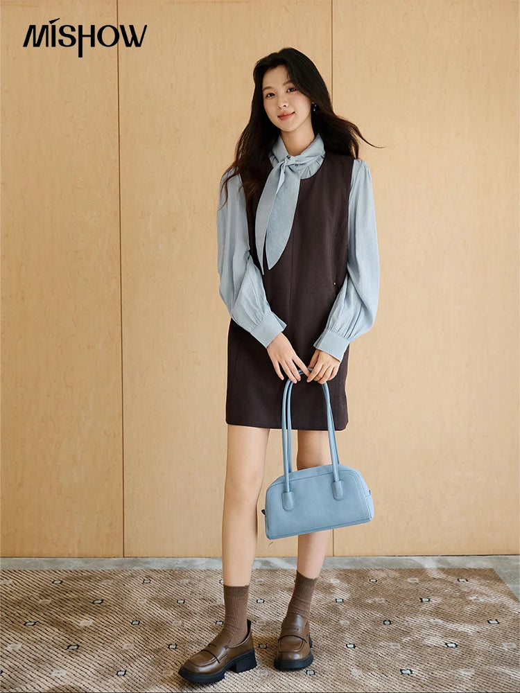 Mishow Light Blue Shirt & Brown Vest Skirt Suit MXE47T1408