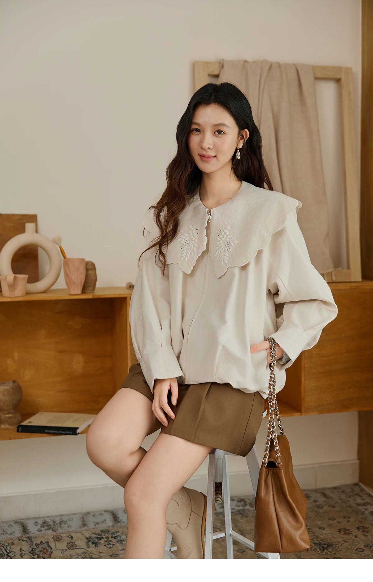MISHOW Wheat Sprout Embroidery Coat Doll Collar Hem Folded Zipper MXE45W0860
