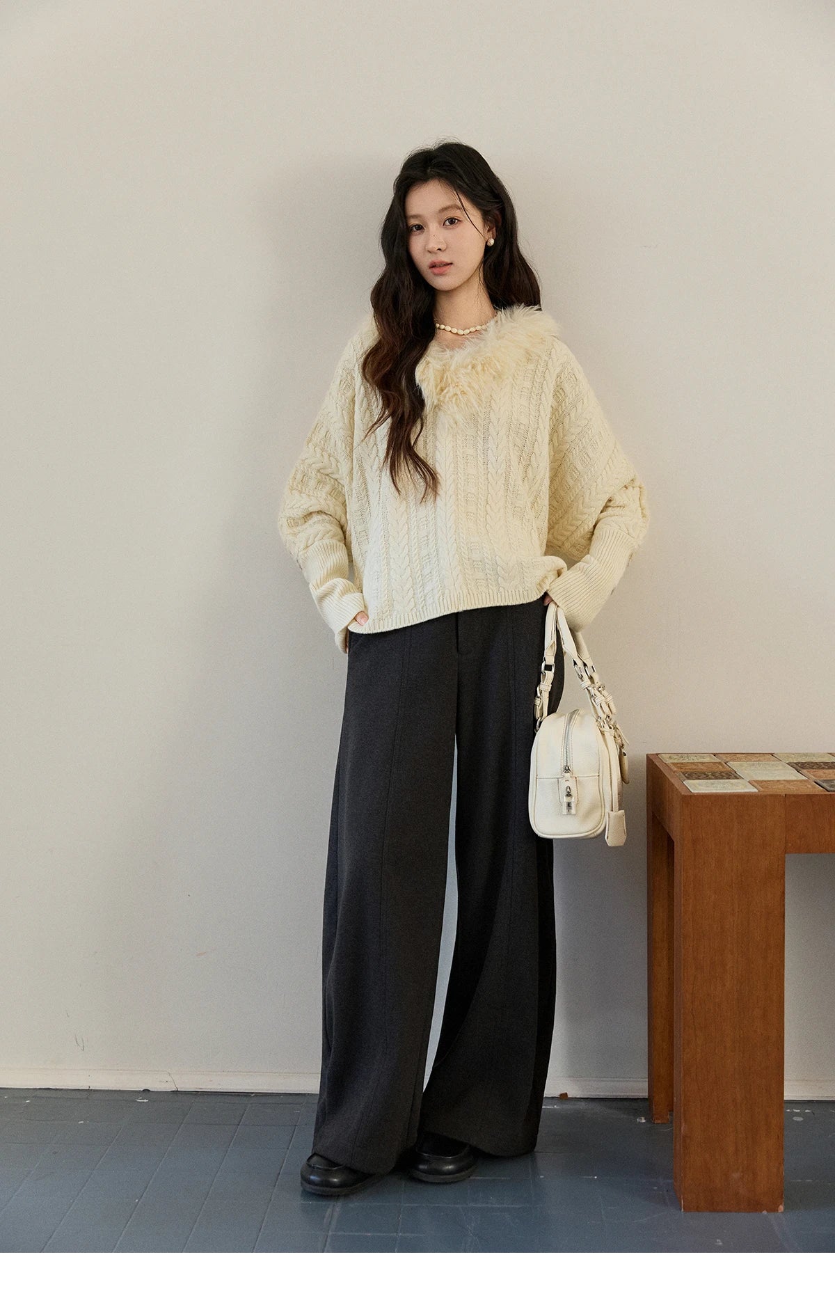 Mishow Faux Fur Collar Batwing Cable Knit Pullover MXE94Z2985