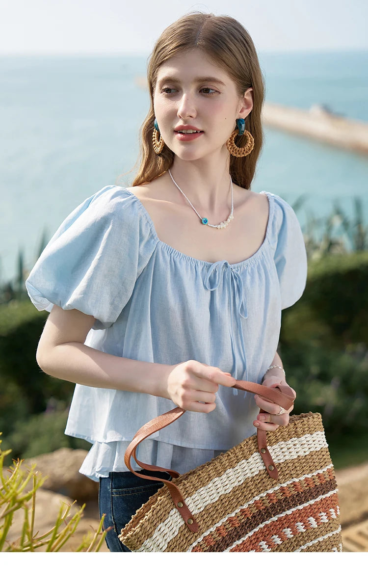 MISHOW Square Neck Blouse Tied Lantern Sleeve Double Layered Hem MXD26X1551