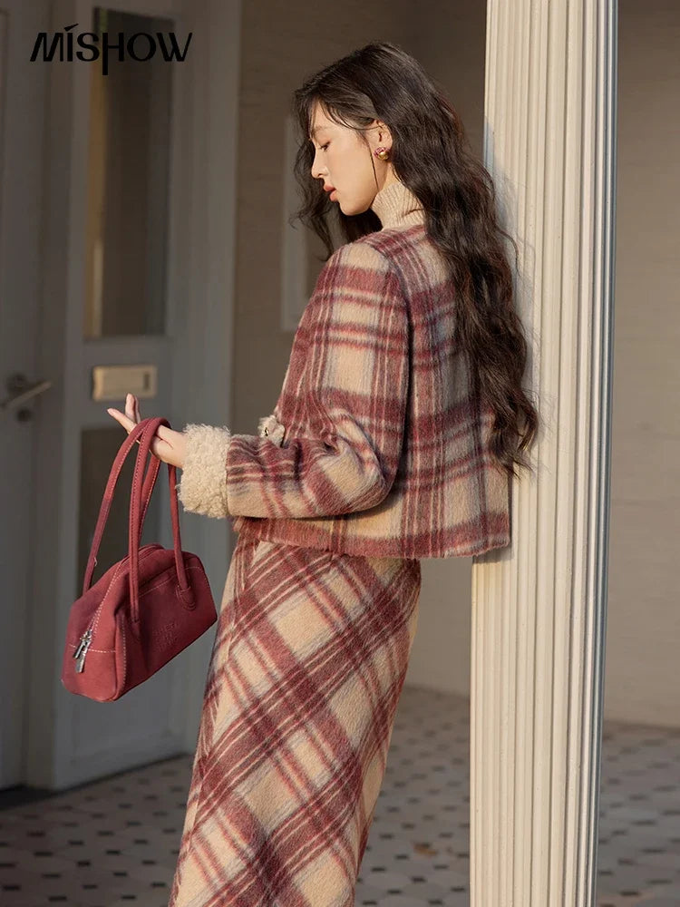 Mishow Plaid Tweed Jacket & Midi Skirt Set MXD54W0562