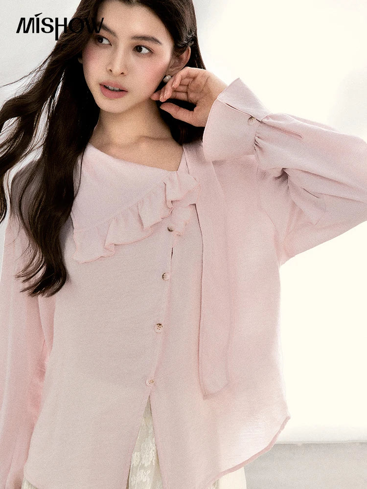 MISHOW Pink Asymmetrical Ruffled Collar Blouse Puff Sleeve MXF11X2520
