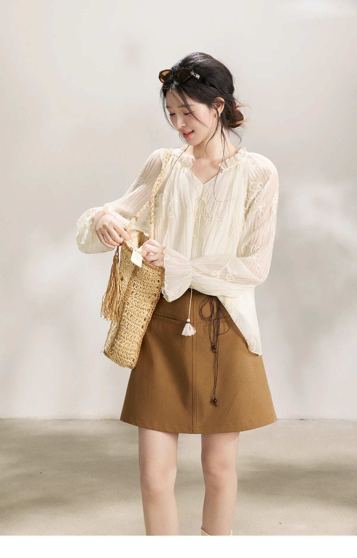 MISHOW Tassel Tie Flower Embroidered Blouse V-Neck Lantern Sleeve MXF13X2525