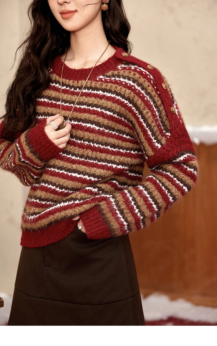 Mishow Christmas Retro Striped Wool Blend Button Sweater MXD59Z1060