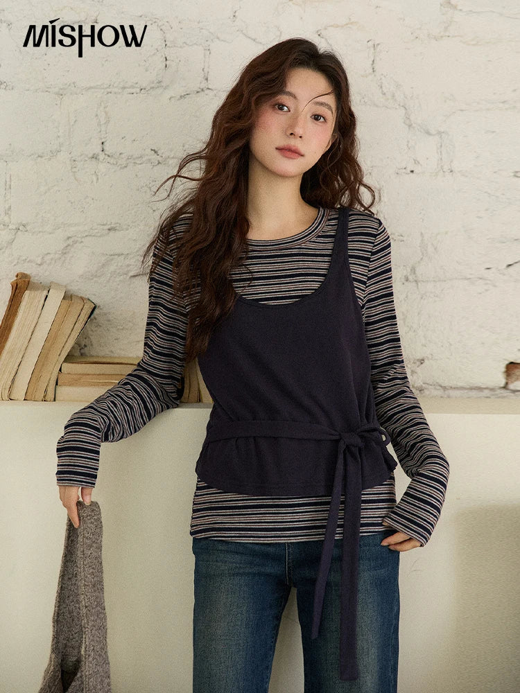 Mishow Striped Top & Tie-Waist Camisole Set MXE87T1430