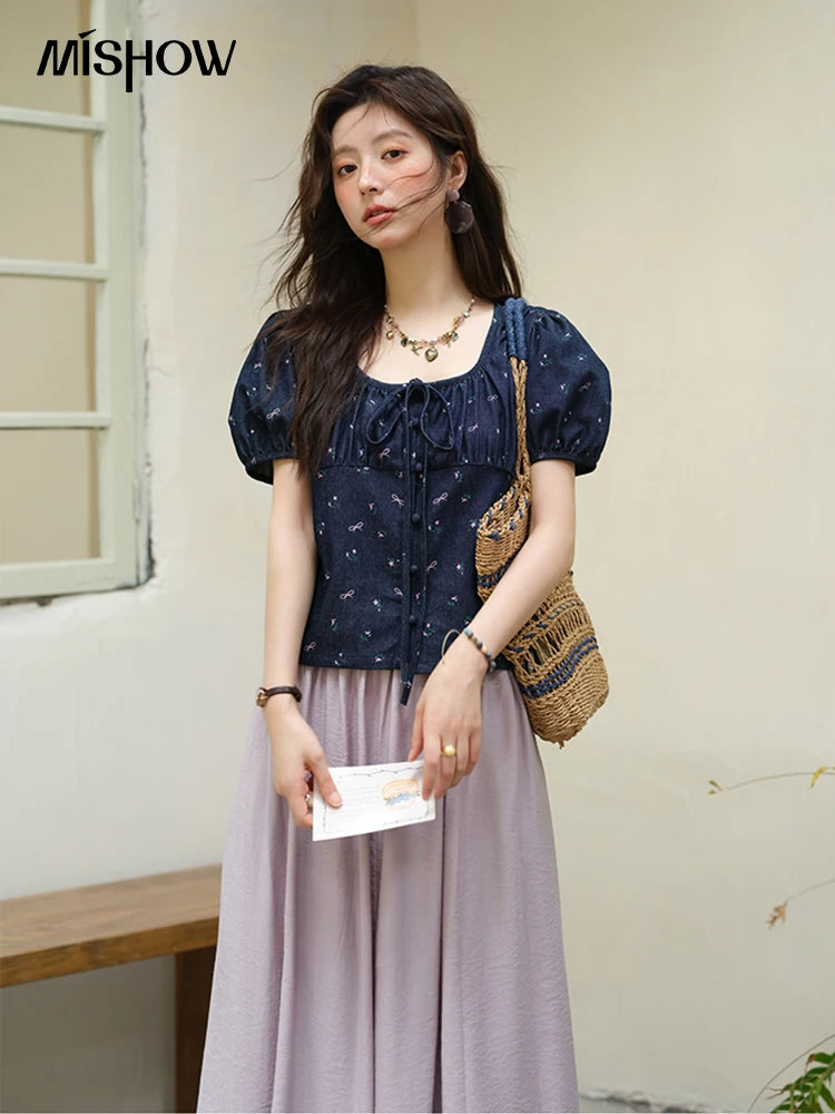 MISHOW Puff Sleeve Square Neck Blouse Lace Up Print Denim MXE39X1933