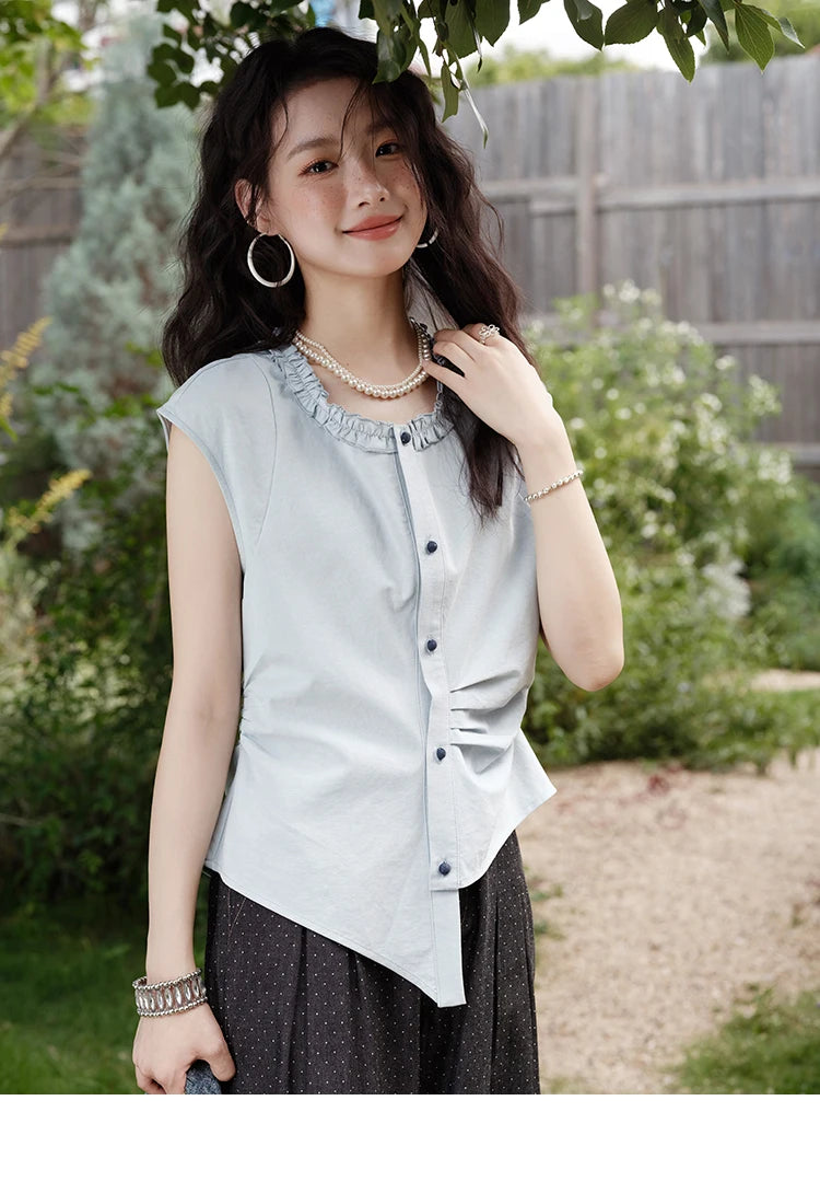 MISHOW Round Neck Sleeveless Shirt Button Front MXE38X1864