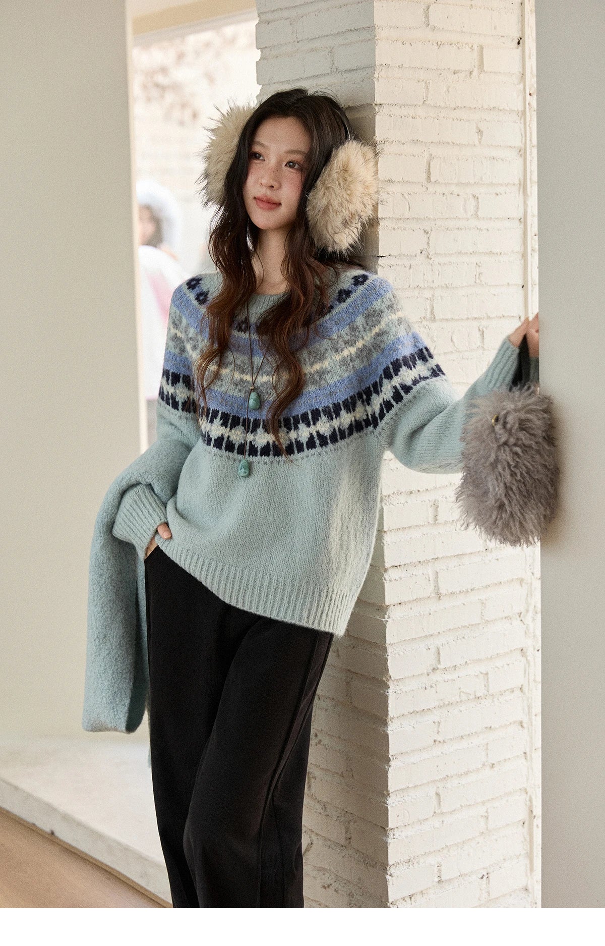 Mishow Blue Fair Isle Geometric Jacquard Pullover MXE87Z2767