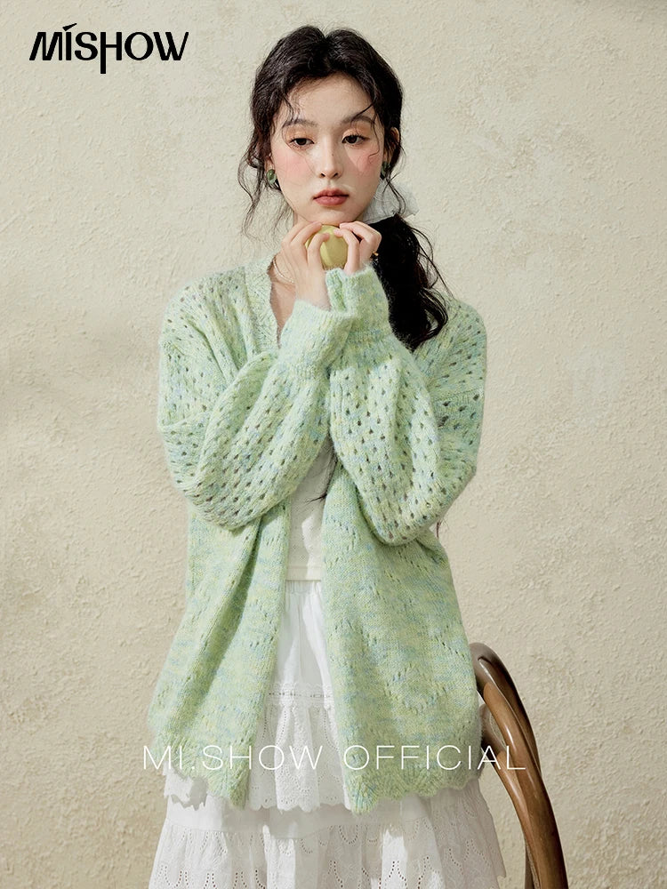 Mishow Green Hollow Out Wave Neck Cardigan MXE12Z1212