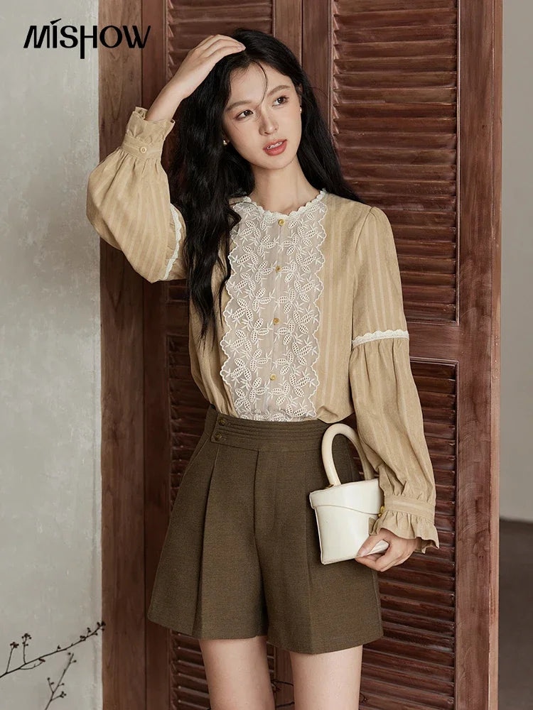 MISHOW Mesh Embroidery Blouse Lace Collar Lantern Sleeve MXD47X1664