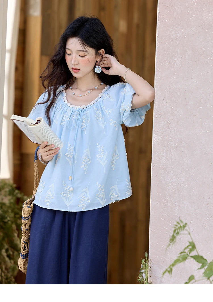 MISHOW Blue Cotton Embroidered Blouse Wave Edged O-Neck MXE35X1791