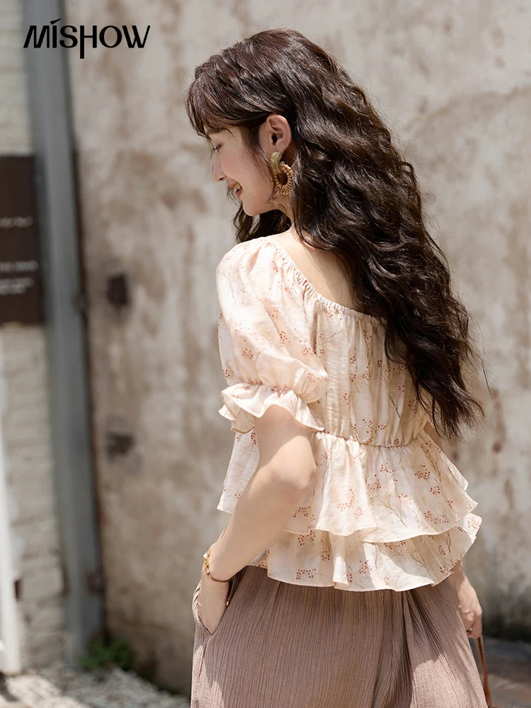 MISHOW Floral Print Square Neck Shirt Bubble Sleeve Patchwork MXD30X1565