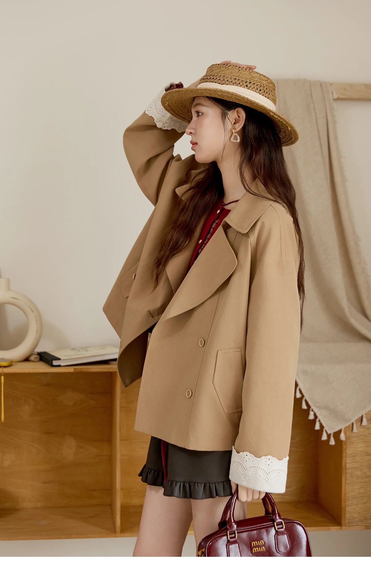 Mishow Khaki Ruffled Cuff Lace Short Trench MXE45W0831