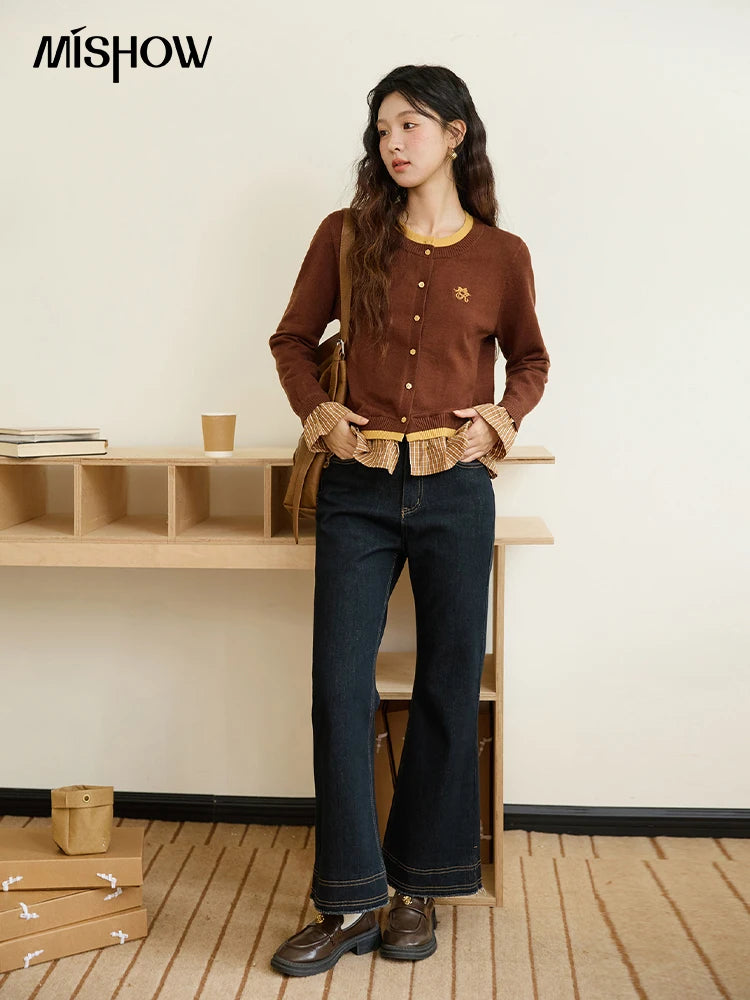 Mishow Fake Two Bow Embroidered Plaid Splicing Sweater MXE46Z2495