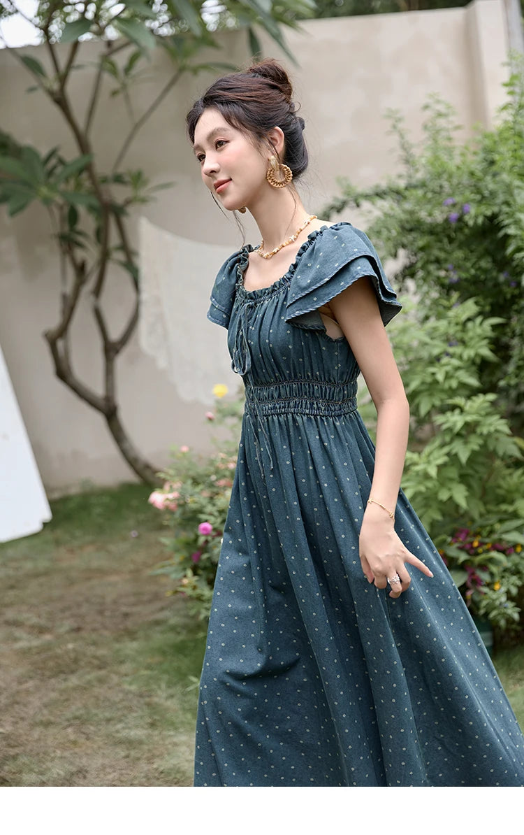 Mishow Polka Dot Flying Sleeve Lace-Up Denim Dress MXD30L2022