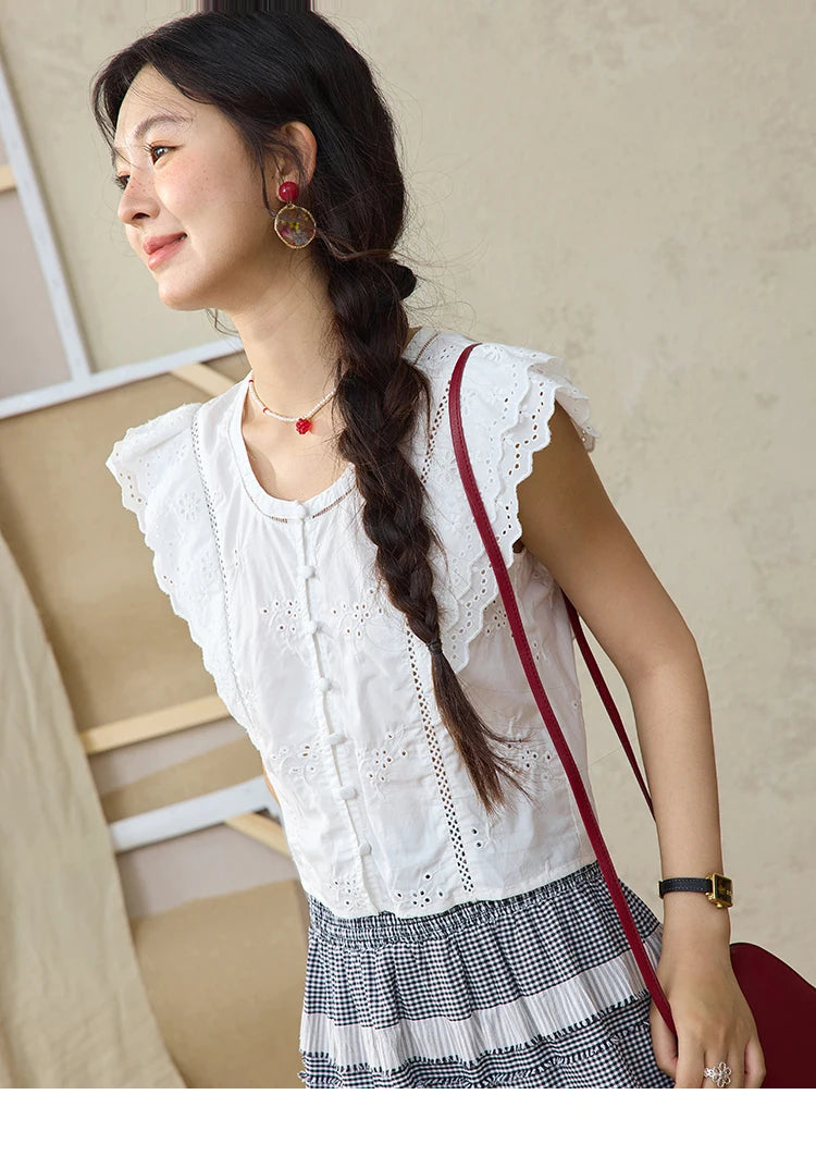 MISHOW Flying Sleeve Cotton Blouse Hollow Lace Slim Waist MXE36X1844