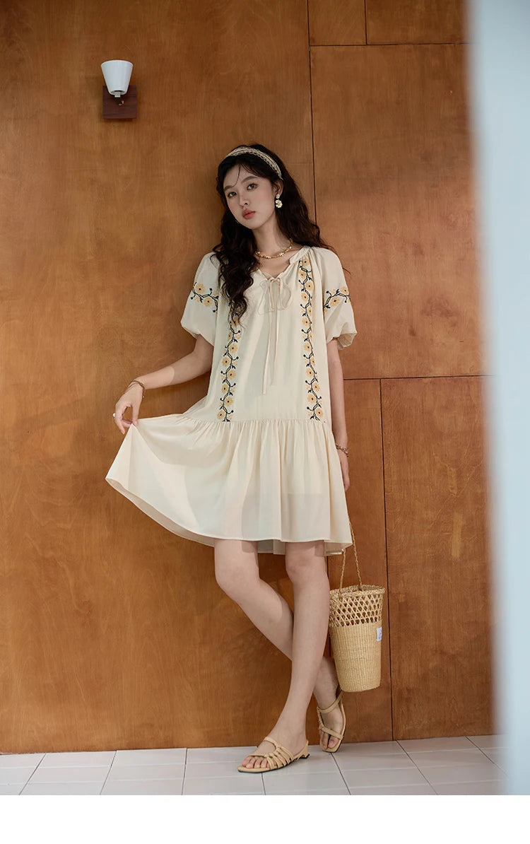 Mishow Korean Sunflower Embroidery Lace-Up Doll Dress MXD30L1959