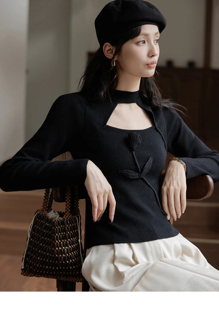 Mishow French Vintage Black Hollow Mock Neck Sweater MXD42Z0731