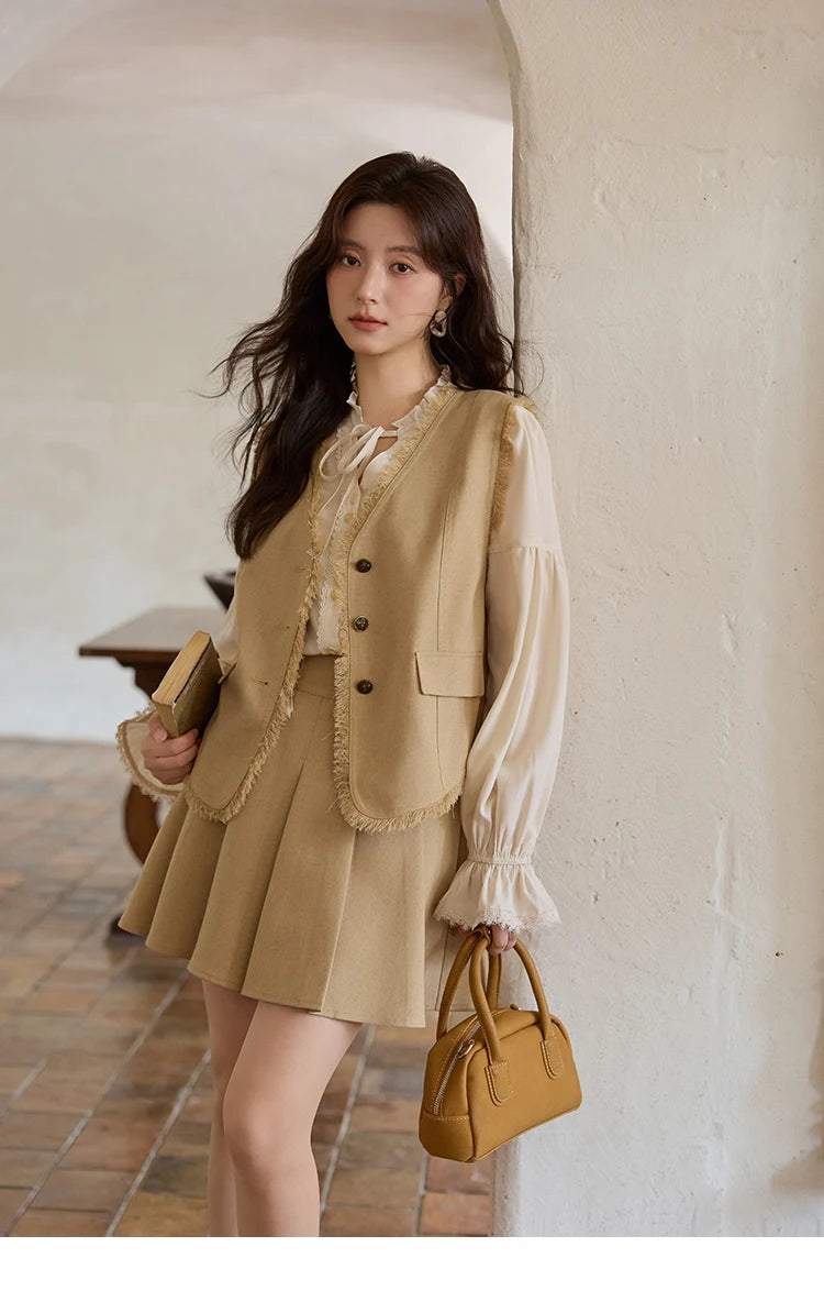 Mishow Khaki Selvedge Vest & Pleated Skirt Set MXE41T0690