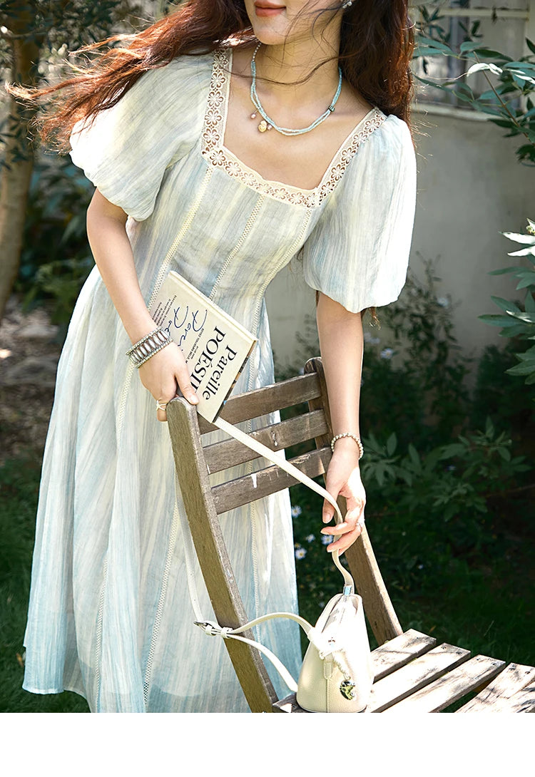 Mishow Striped Square Neck Lace Hollow Dress MXE39L2403