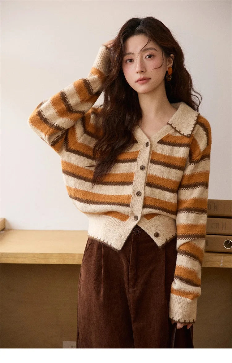Mishow Retro Striped V-Neck Wool Cardigan MXE87Z2681